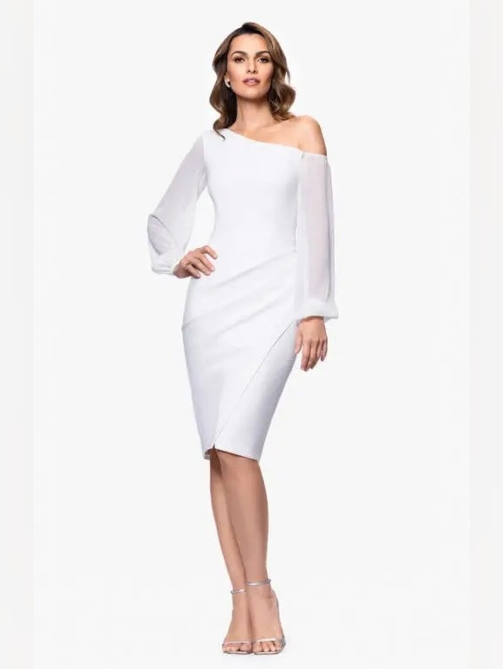 Betsy & Adam Long Sleeve Asymmetrical Ruched Sheath Dress 10P Wedding Formal - Picture 3 of 11